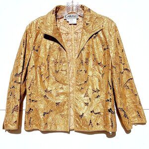 Carlisle Women's Collar Blazer Size 10 Gold Floral Lace Linen Blend 3/4 Sleeves